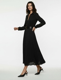 Düğmeli Kemer Detaylı Uzun Kollu Midi Pileli Puantiyeli Gömlek Elbise