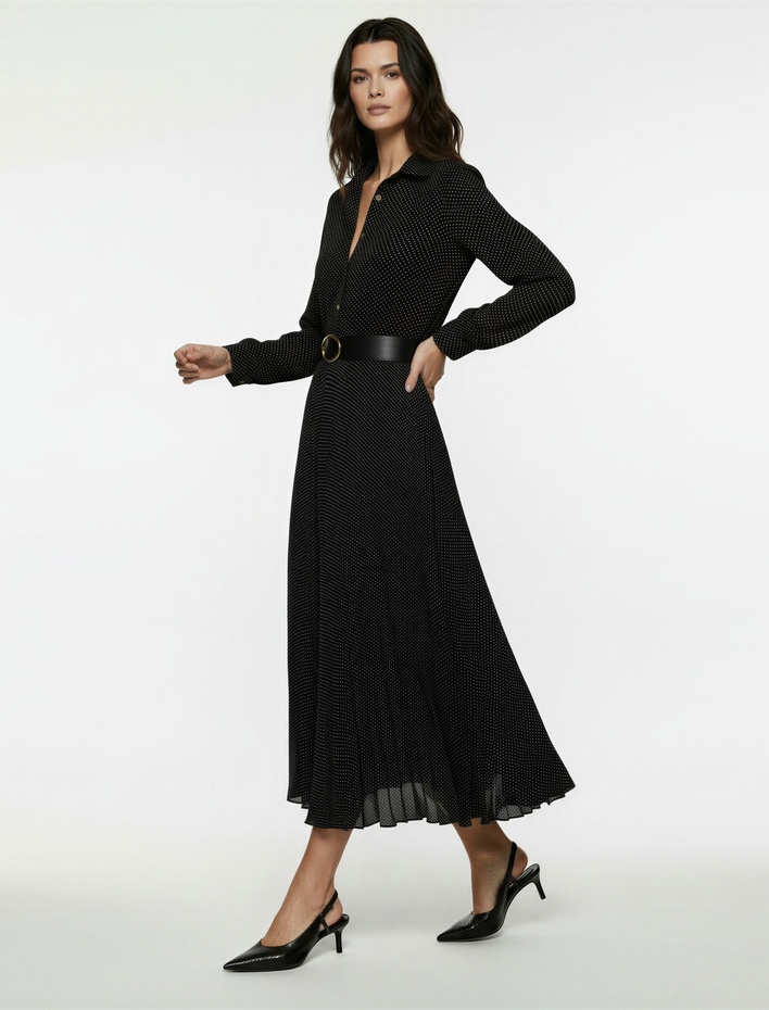  Düğmeli Kemer Detaylı Uzun Kollu Midi Pileli Puantiyeli Gömlek Elbise