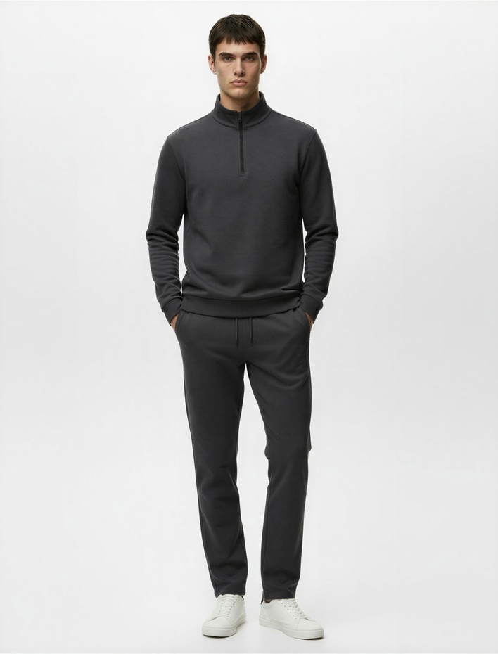  Uzun Kollu Dik Yaka Yarım Fermuarlı Oversize Spor Sweatshirt