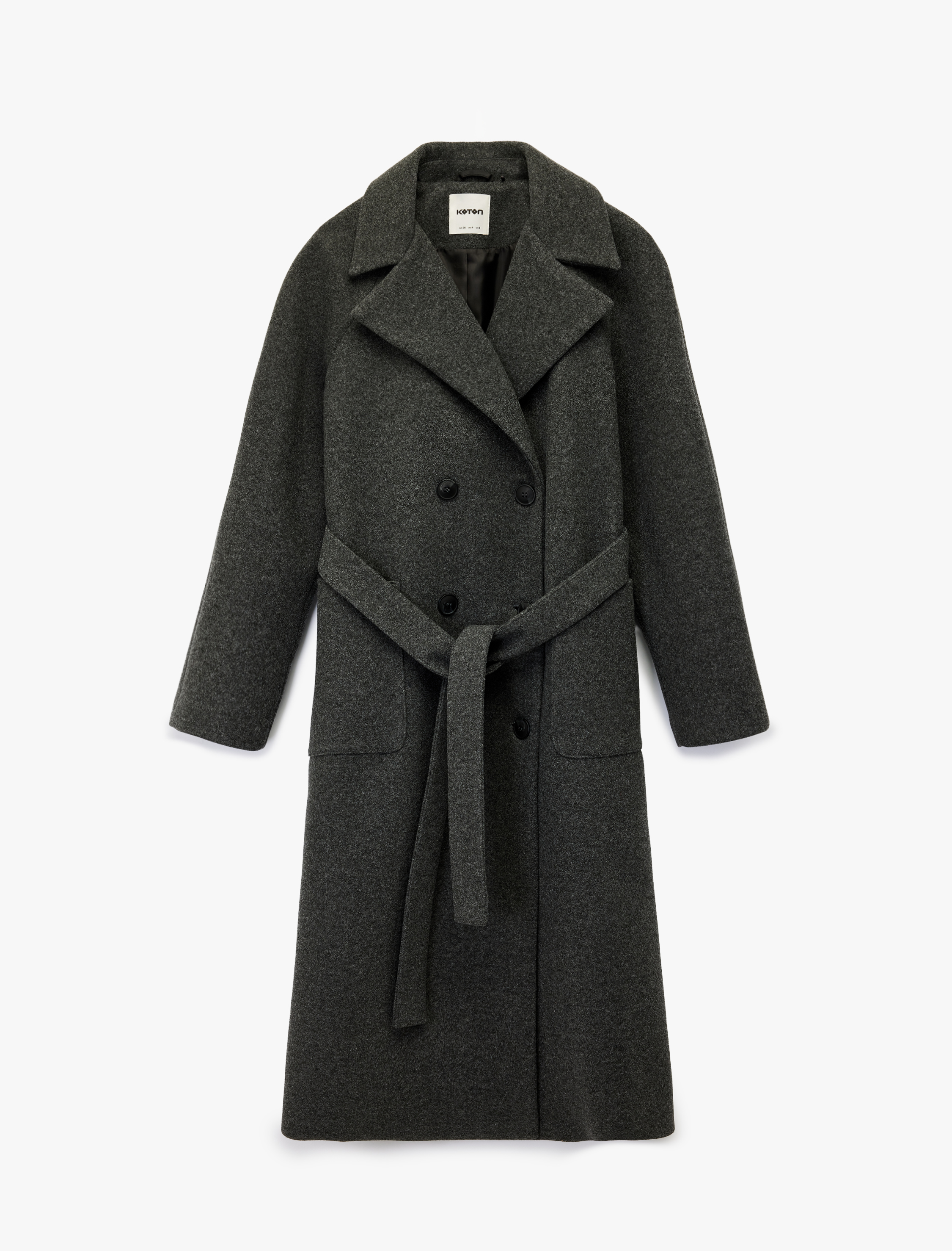   Uzun Kollu Cepli Kemerli Düğmeli Uzun Kaşe Kaban