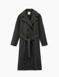 Uzun Kollu Cepli Kemerli Düğmeli Uzun Kaşe Kaban