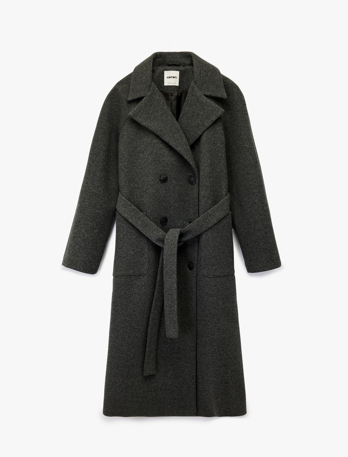  Uzun Kollu Cepli Kemerli Düğmeli Uzun Kaşe Kaban