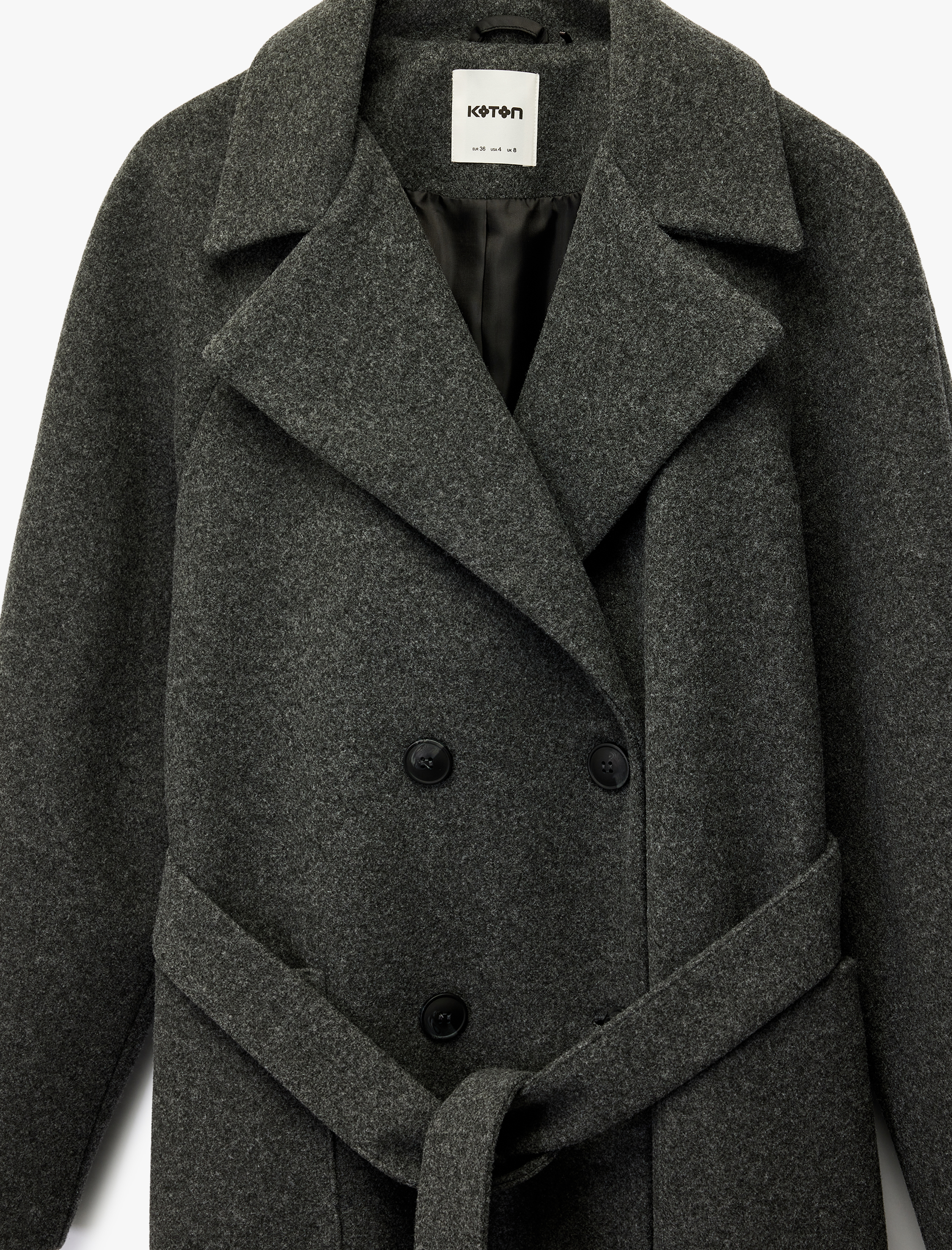   Uzun Kollu Cepli Kemerli Düğmeli Uzun Kaşe Kaban