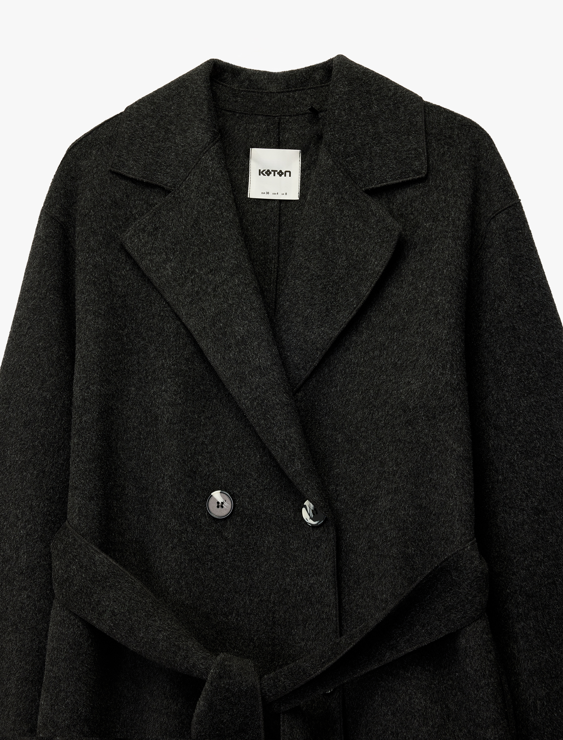   Kuşak Detaylı Düğmeli Kruvaze Uzun Kollu Kaşe Kaban