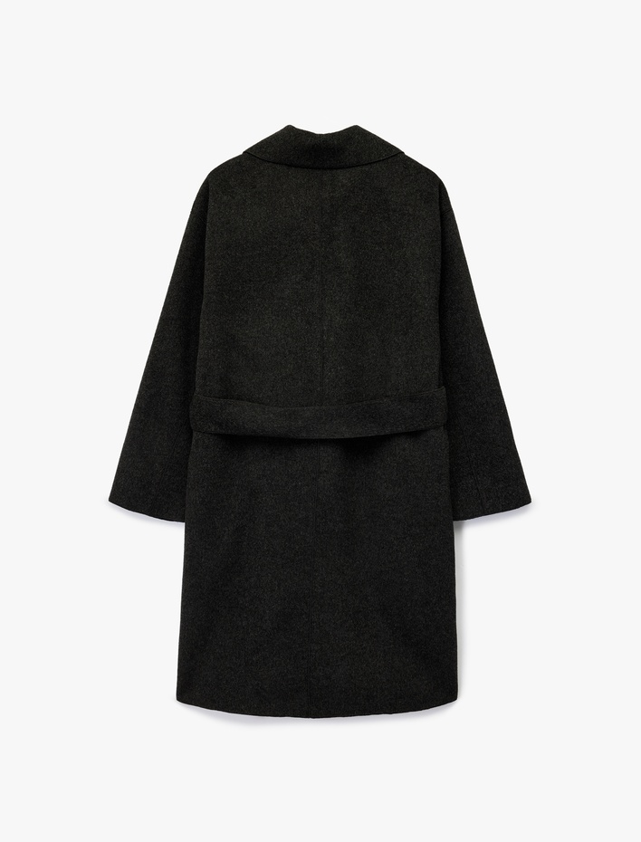  Kuşak Detaylı Düğmeli Kruvaze Uzun Kollu Kaşe Kaban