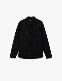 Rahat Kalıp Uzun Kollu Düğmeli Kapaklı Cepli Klasik Yaka Pamuklu Jean Gömlek