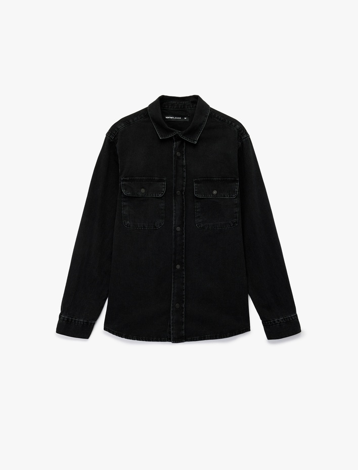  Rahat Kalıp Uzun Kollu Düğmeli Kapaklı Cepli Klasik Yaka Pamuklu Jean Gömlek