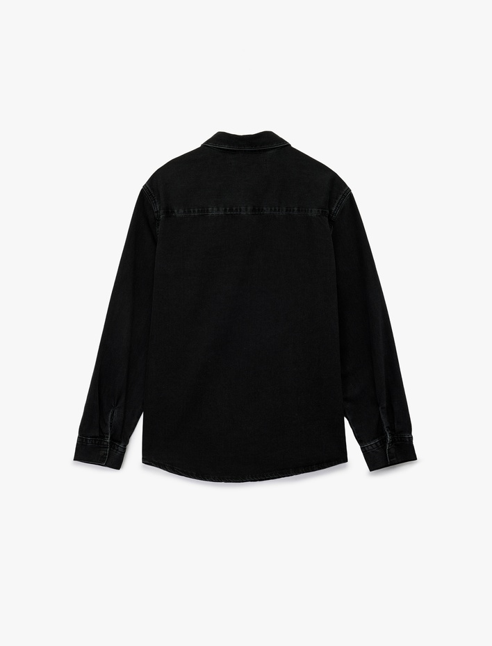  Rahat Kalıp Uzun Kollu Düğmeli Kapaklı Cepli Klasik Yaka Pamuklu Jean Gömlek