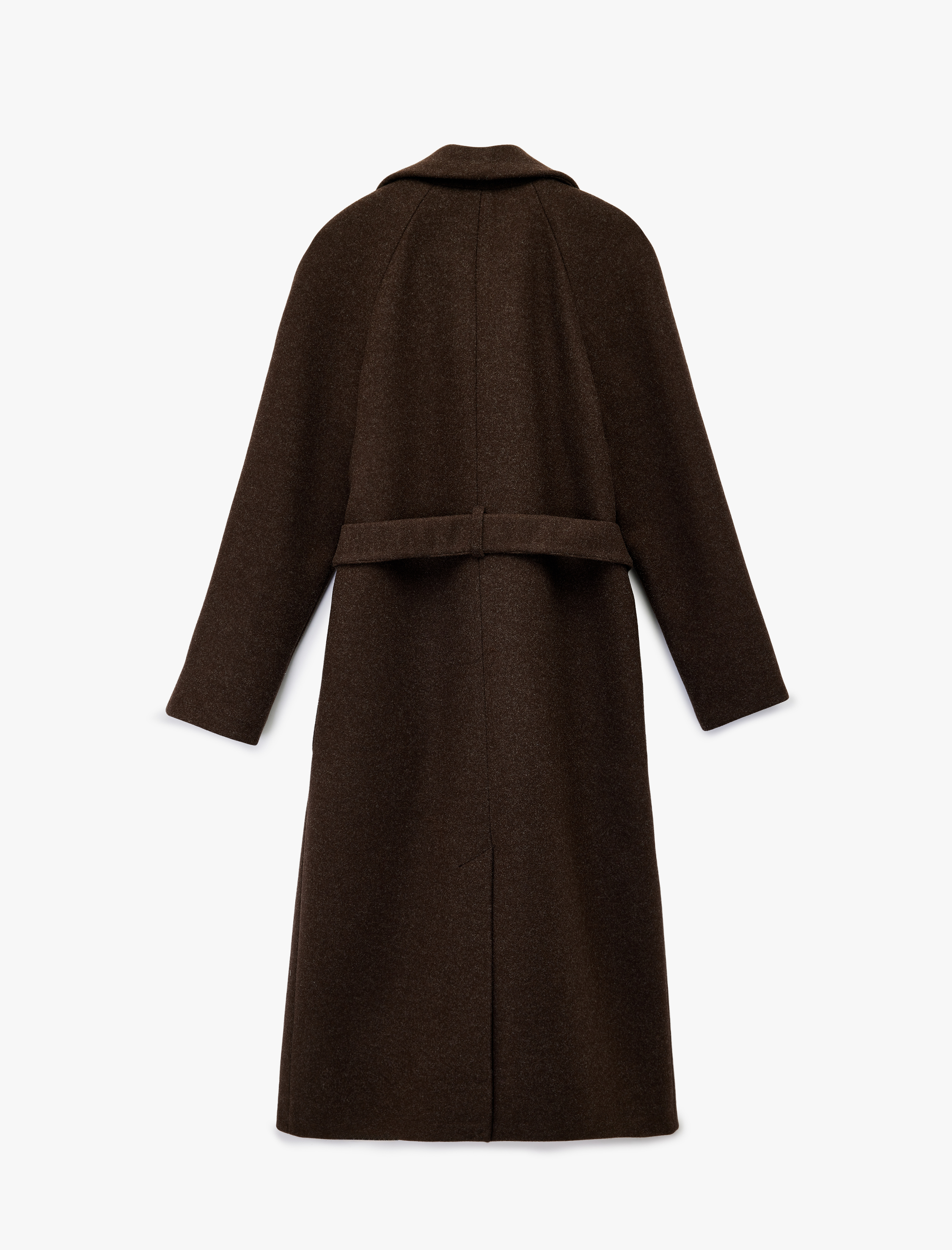   Uzun Kollu Cepli Kemerli Düğmeli Uzun Kaşe Kaban