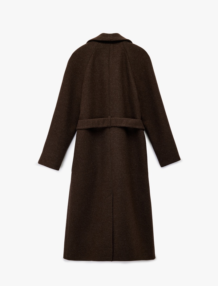  Uzun Kollu Cepli Kemerli Düğmeli Uzun Kaşe Kaban