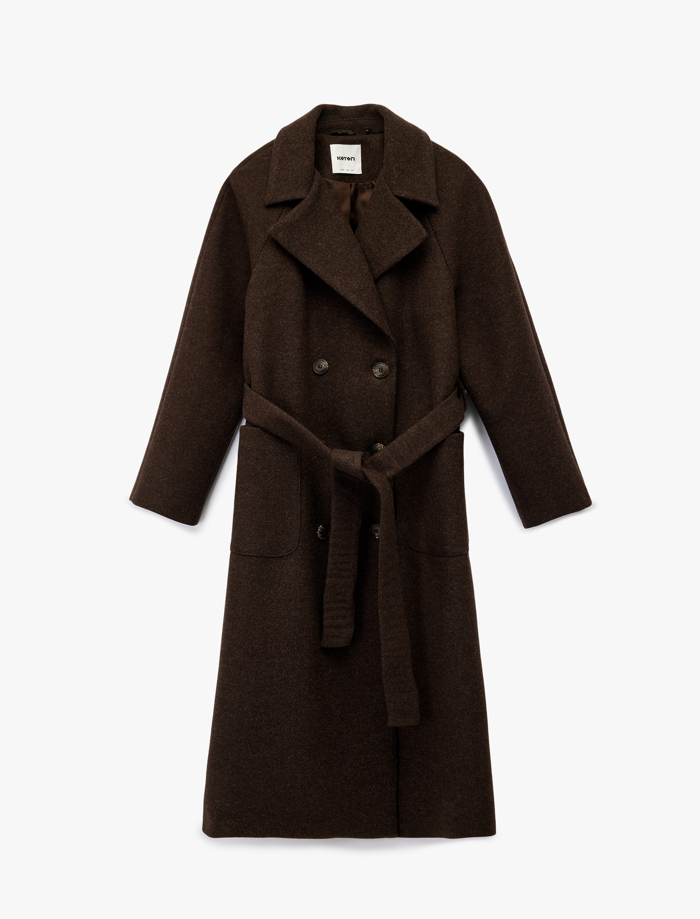   Uzun Kollu Cepli Kemerli Düğmeli Uzun Kaşe Kaban