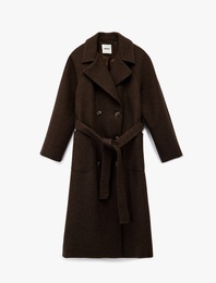 Uzun Kollu Cepli Kemerli Düğmeli Uzun Kaşe Kaban