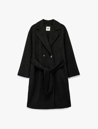 Kuşak Detaylı Düğmeli Kruvaze Uzun Kollu Kaşe Kaban