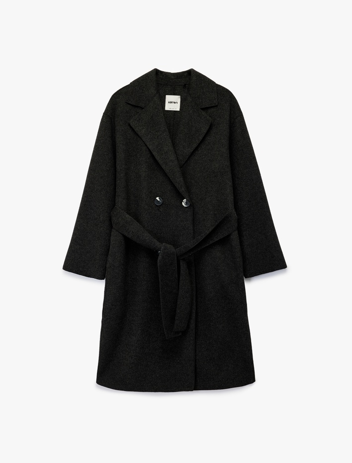  Kuşak Detaylı Düğmeli Kruvaze Uzun Kollu Kaşe Kaban