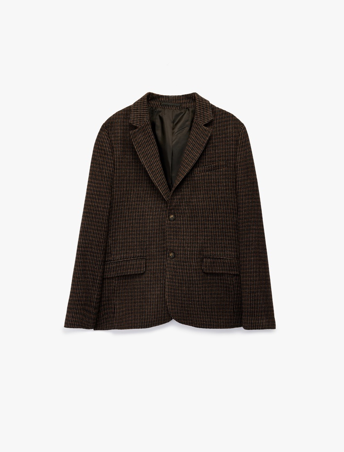  Uzun Kollu Kruvaze Yaka Düğmeli Desenli Blazer Ceket