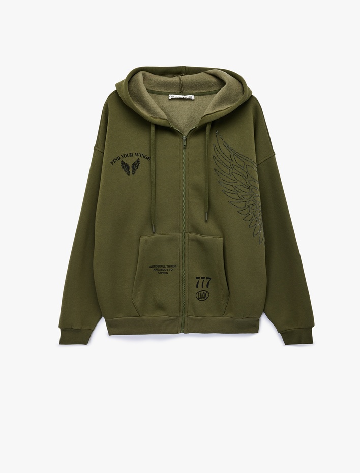  Taş Detaylı Kapüşonlu Arkası Baskılı Kanguru Cepli Oversize Fermuarlı Sweatshirt