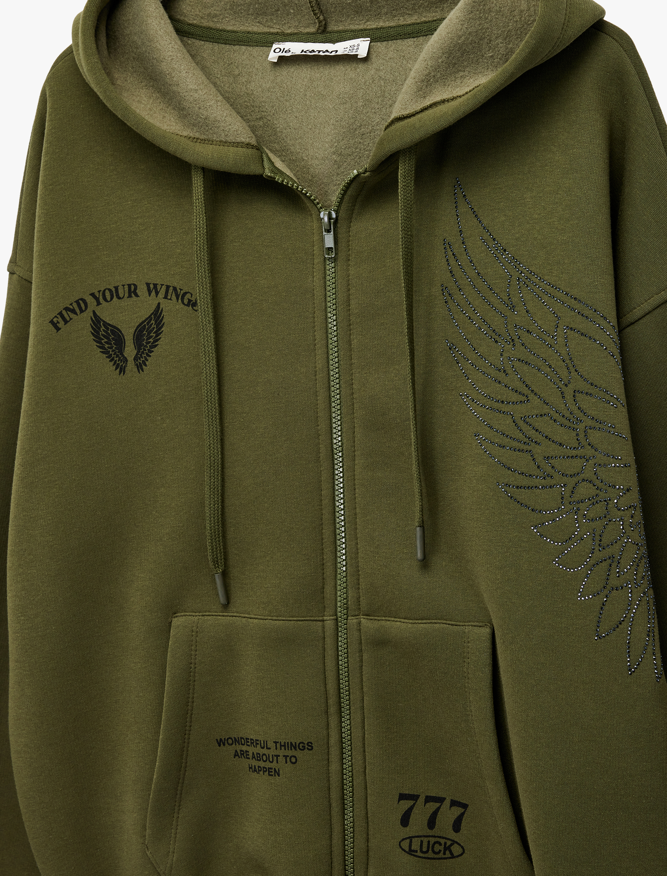   Taş Detaylı Kapüşonlu Arkası Baskılı Kanguru Cepli Oversize Fermuarlı Sweatshirt