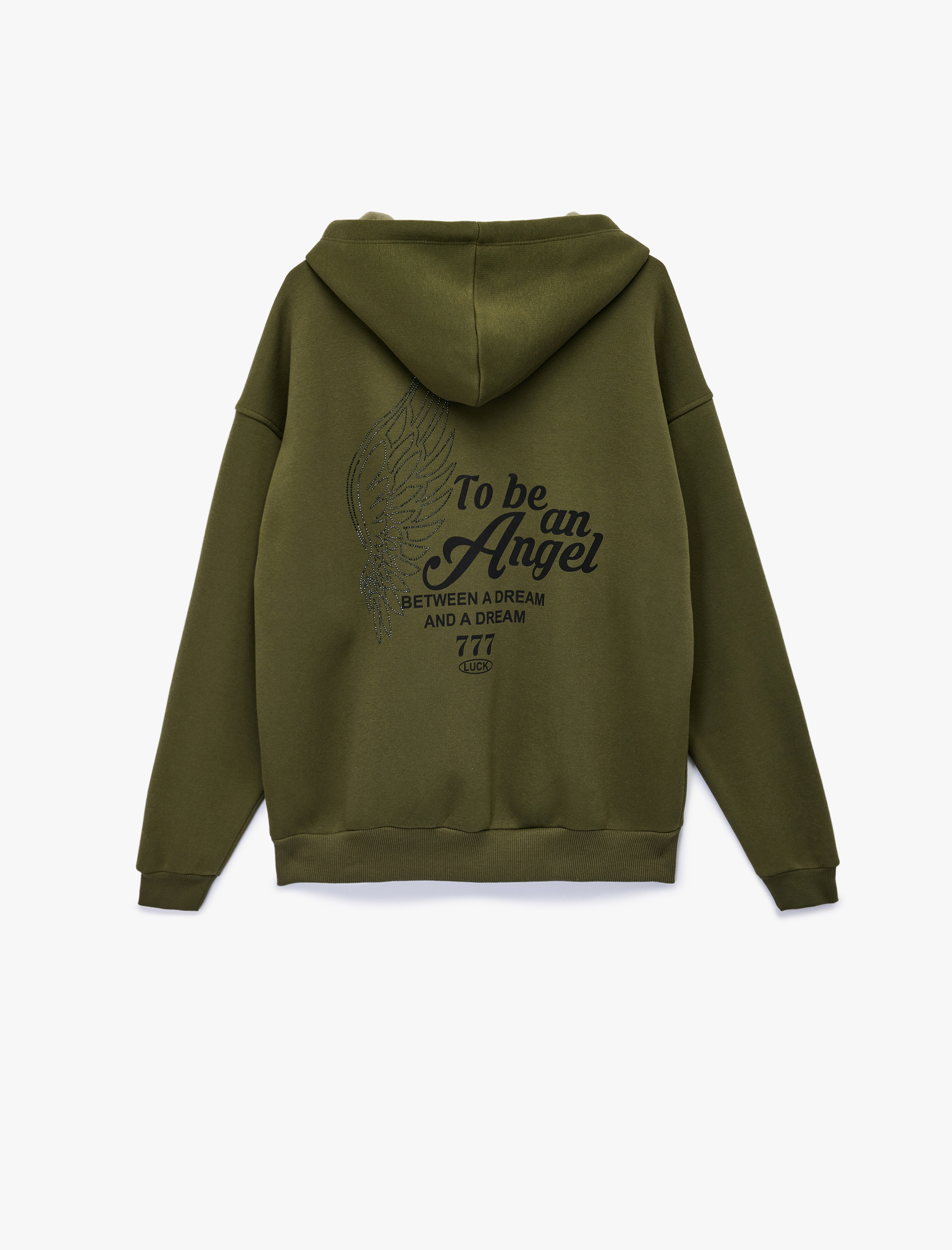   Taş Detaylı Kapüşonlu Arkası Baskılı Kanguru Cepli Oversize Fermuarlı Sweatshirt