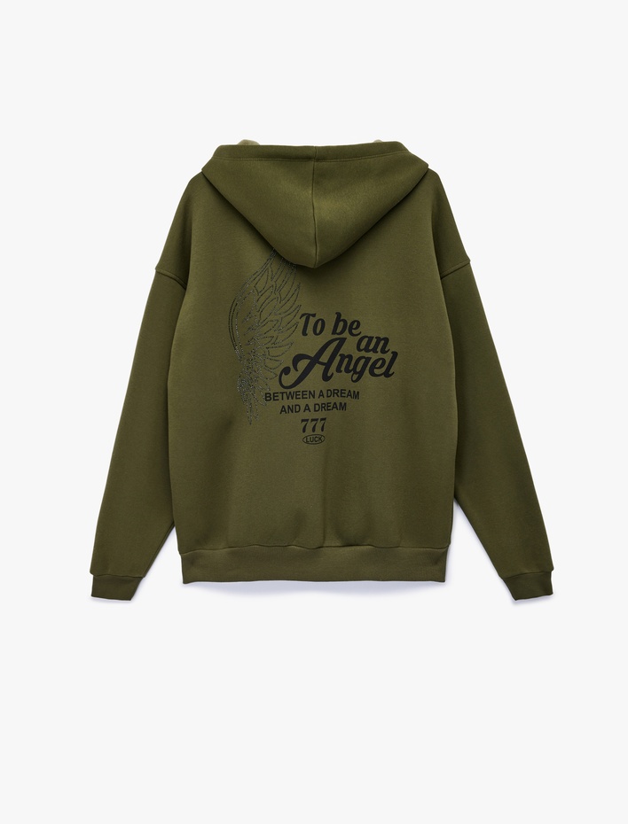  Taş Detaylı Kapüşonlu Arkası Baskılı Kanguru Cepli Oversize Fermuarlı Sweatshirt