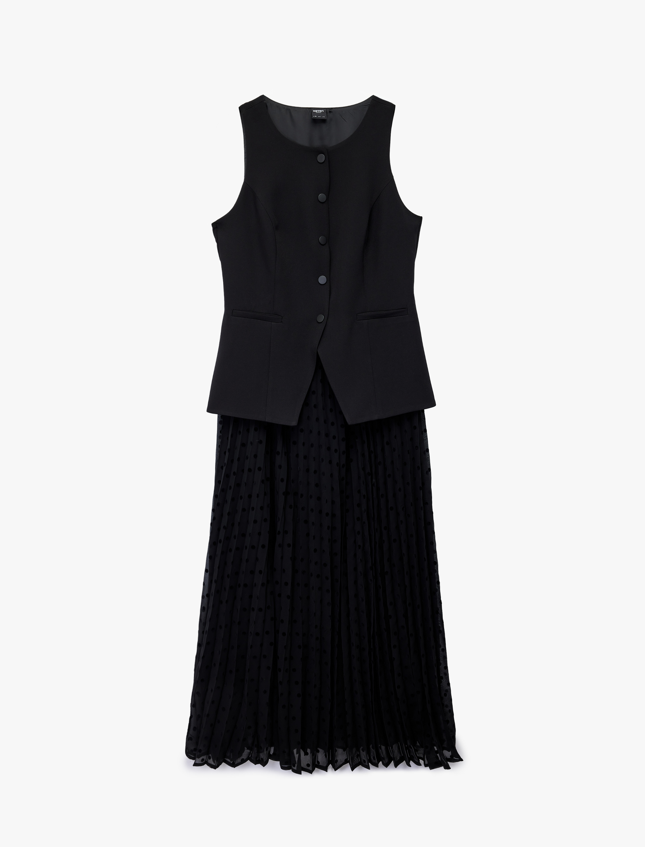   Bisiklet Yaka Kolsuz Katlı Düğmeli Cep Detaylı Volanlı Uzun Elbise