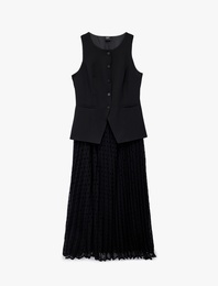 Bisiklet Yaka Kolsuz Katlı Düğmeli Cep Detaylı Volanlı Uzun Elbise