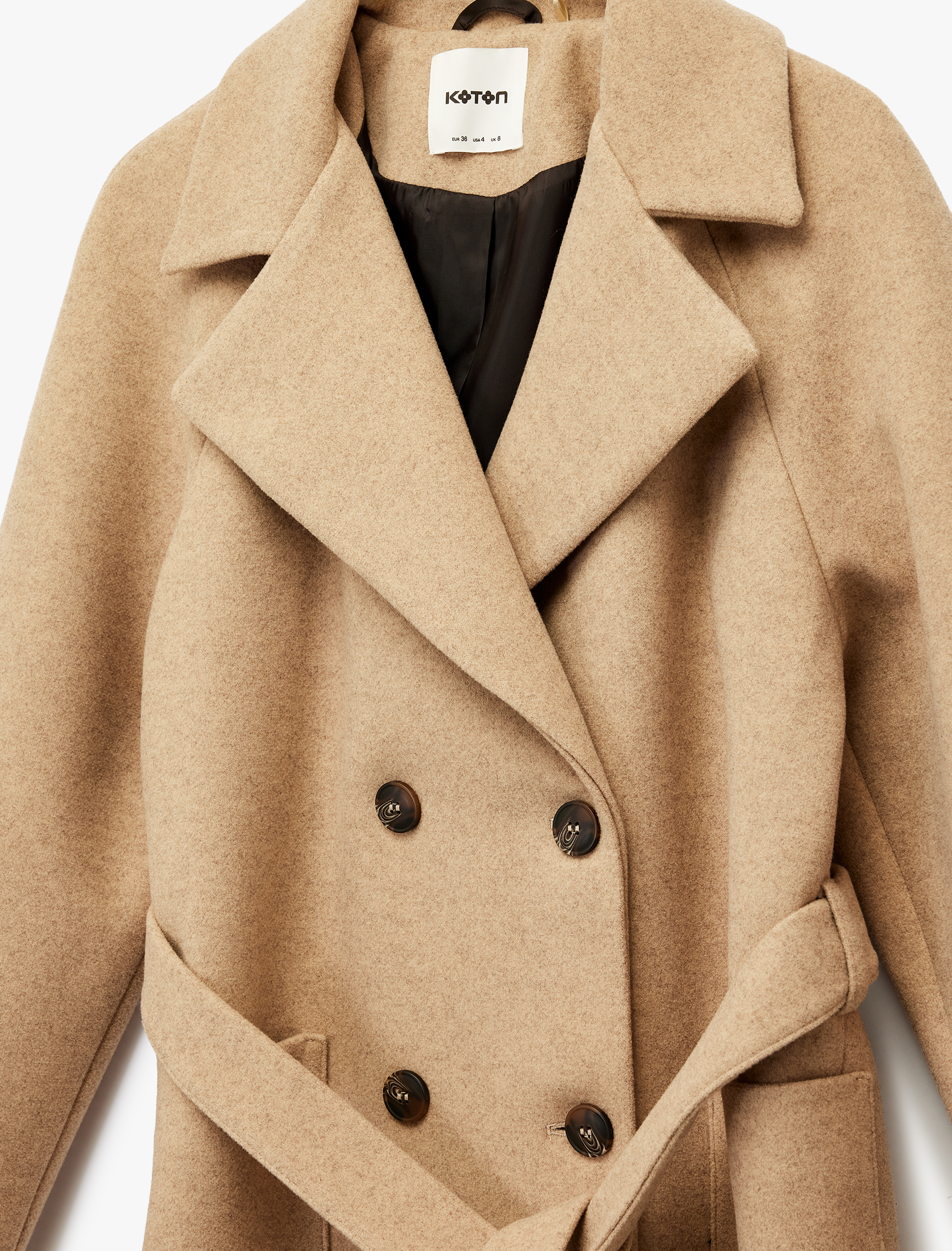   Uzun Kollu Cepli Kemerli Kruvaze Uzun Kaşe Kaban