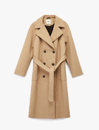 Uzun Kollu Cepli Kemerli Kruvaze Uzun Kaşe Kaban