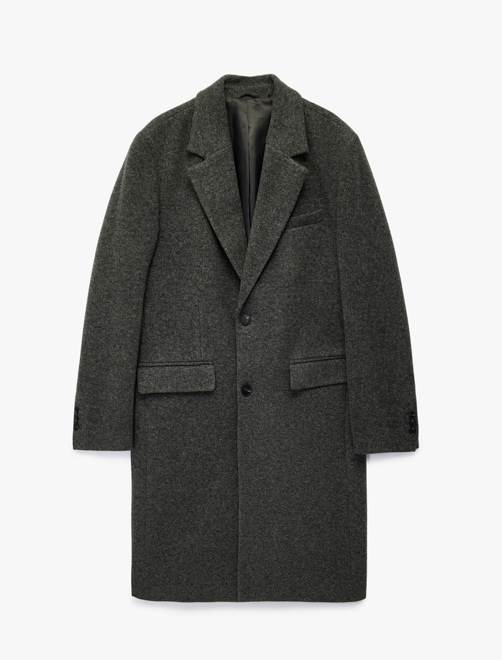  Regular Fit Cepli Mono Yaka Düğmeli Uzun Kaşe Kaban