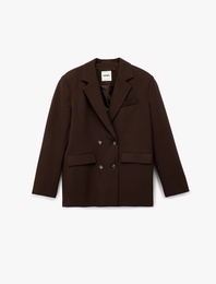 Uzun Kollu Cepli Düğmeli Kruvaze Blazer Ceket