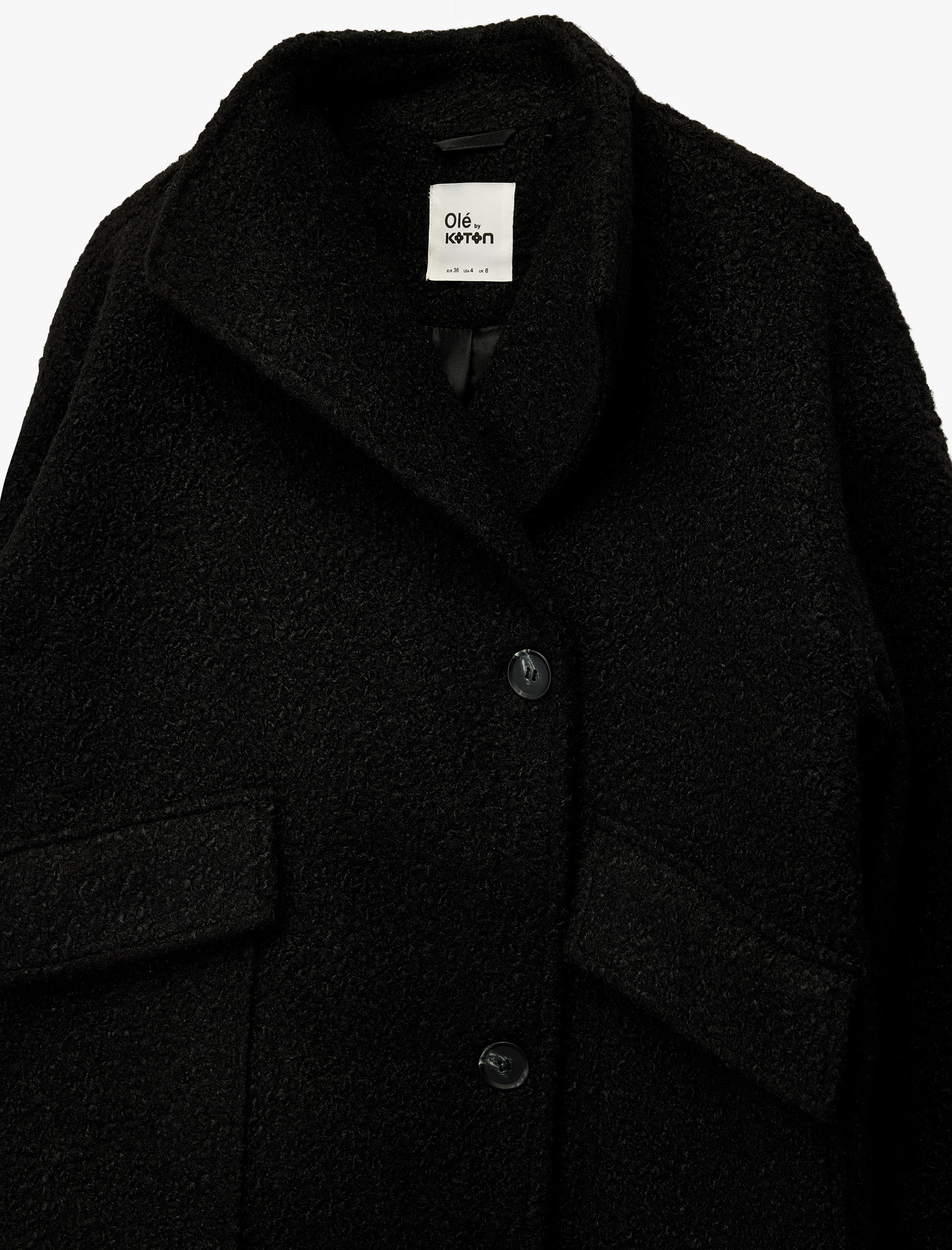   Uzun Kollu Kruvaze Yaka Düğmeli Cepli Buklet Kaban