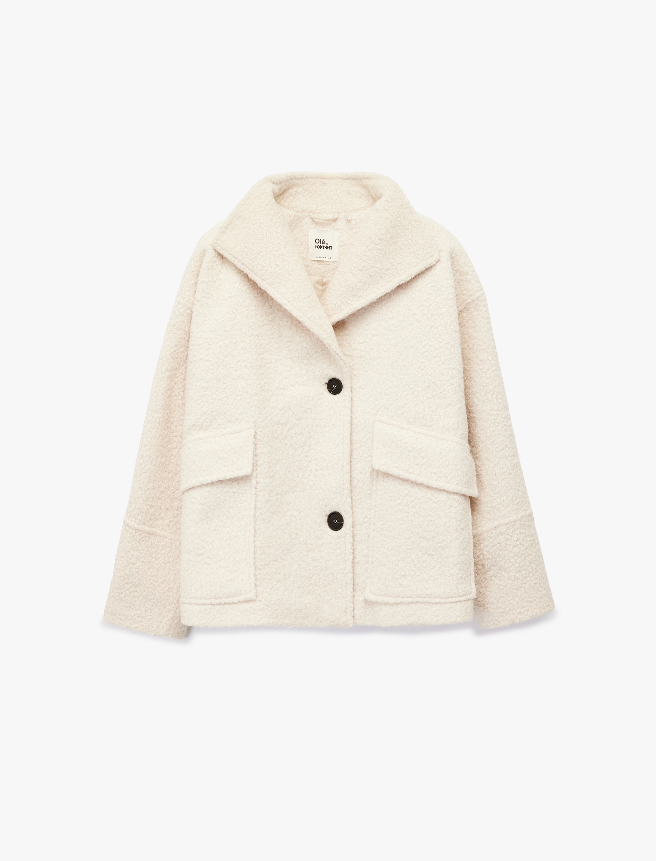   Uzun Kollu Kruvaze Yaka Düğmeli Cepli Buklet Kaban