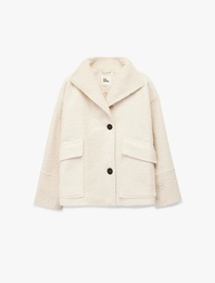 Uzun Kollu Kruvaze Yaka Düğmeli Cepli Buklet Kaban