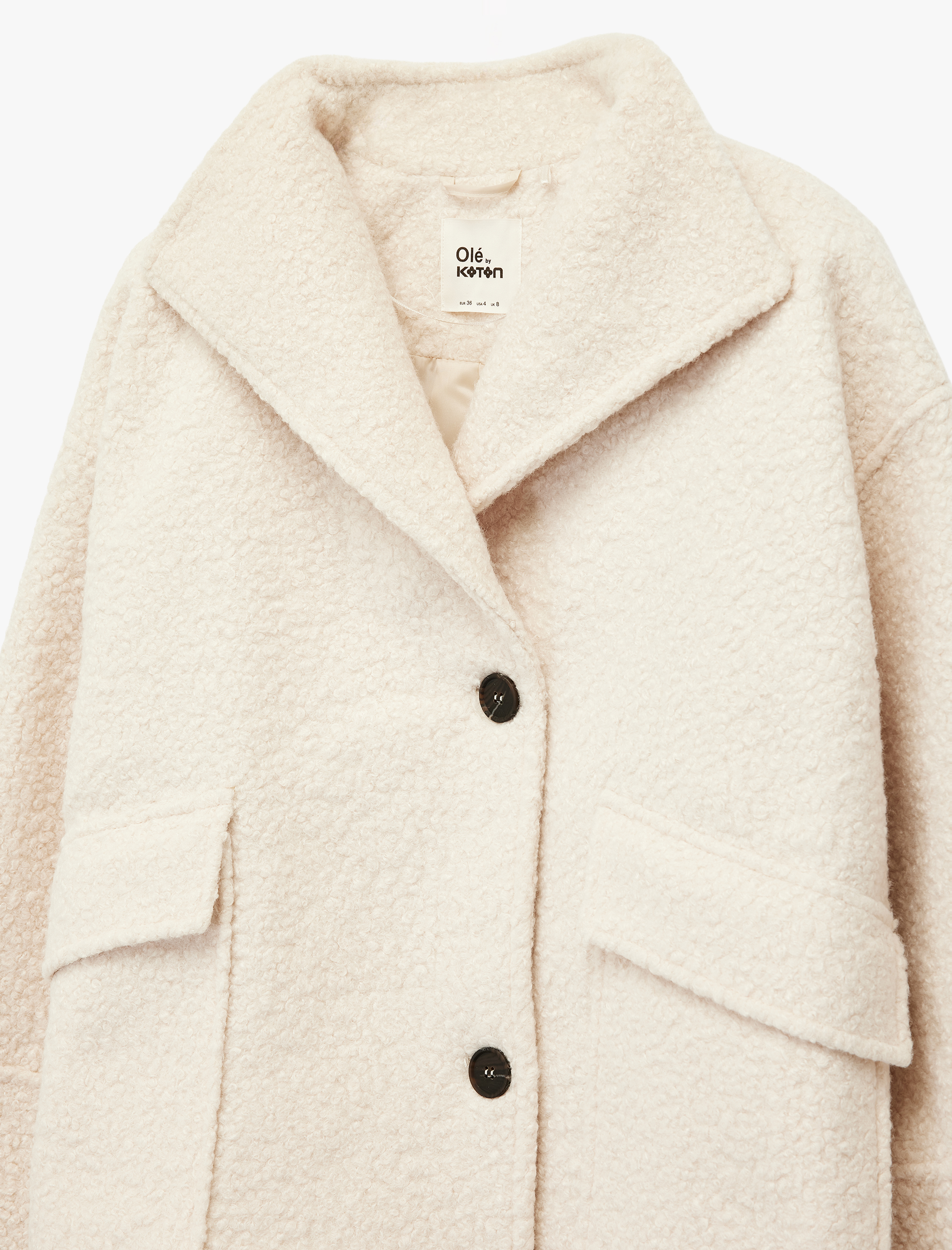   Uzun Kollu Kruvaze Yaka Düğmeli Cepli Buklet Kaban