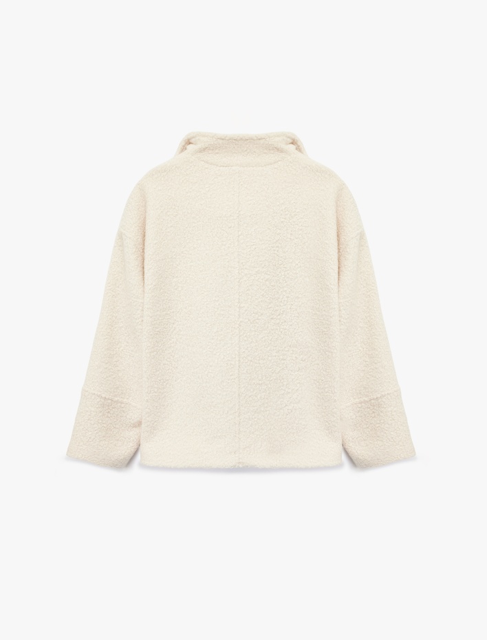  Uzun Kollu Kruvaze Yaka Düğmeli Cepli Buklet Kaban