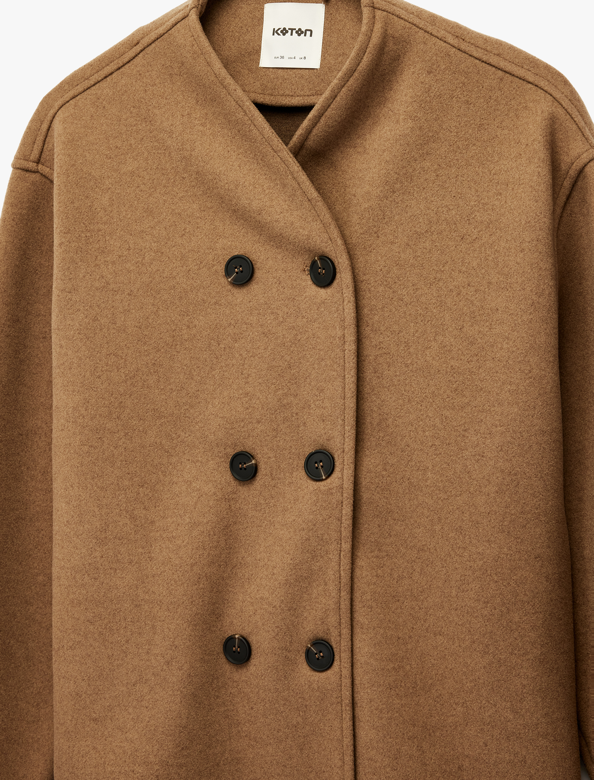   Uzun Kollu Dik Yaka Düğmeli Kruvaze Kaşe Ceket