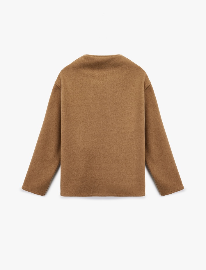  Uzun Kollu Dik Yaka Düğmeli Kruvaze Kaşe Ceket