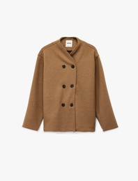 Uzun Kollu Dik Yaka Düğmeli Kruvaze Kaşe Ceket