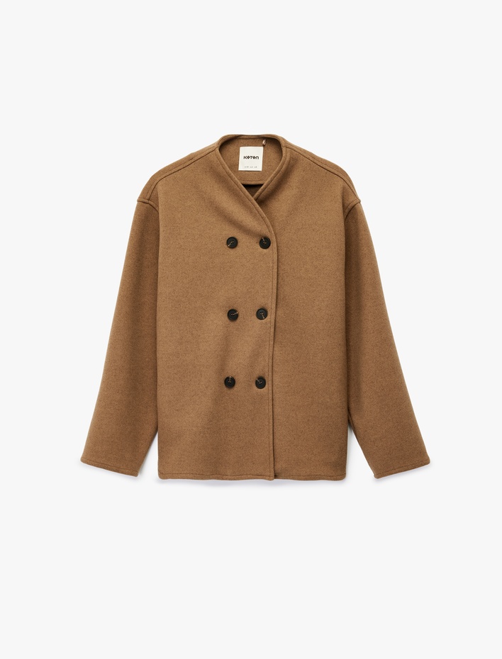  Uzun Kollu Dik Yaka Düğmeli Kruvaze Kaşe Ceket