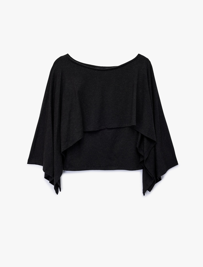  Slim Fit Yuvarlak Yaka Yarasa Kollu Panço Kazak