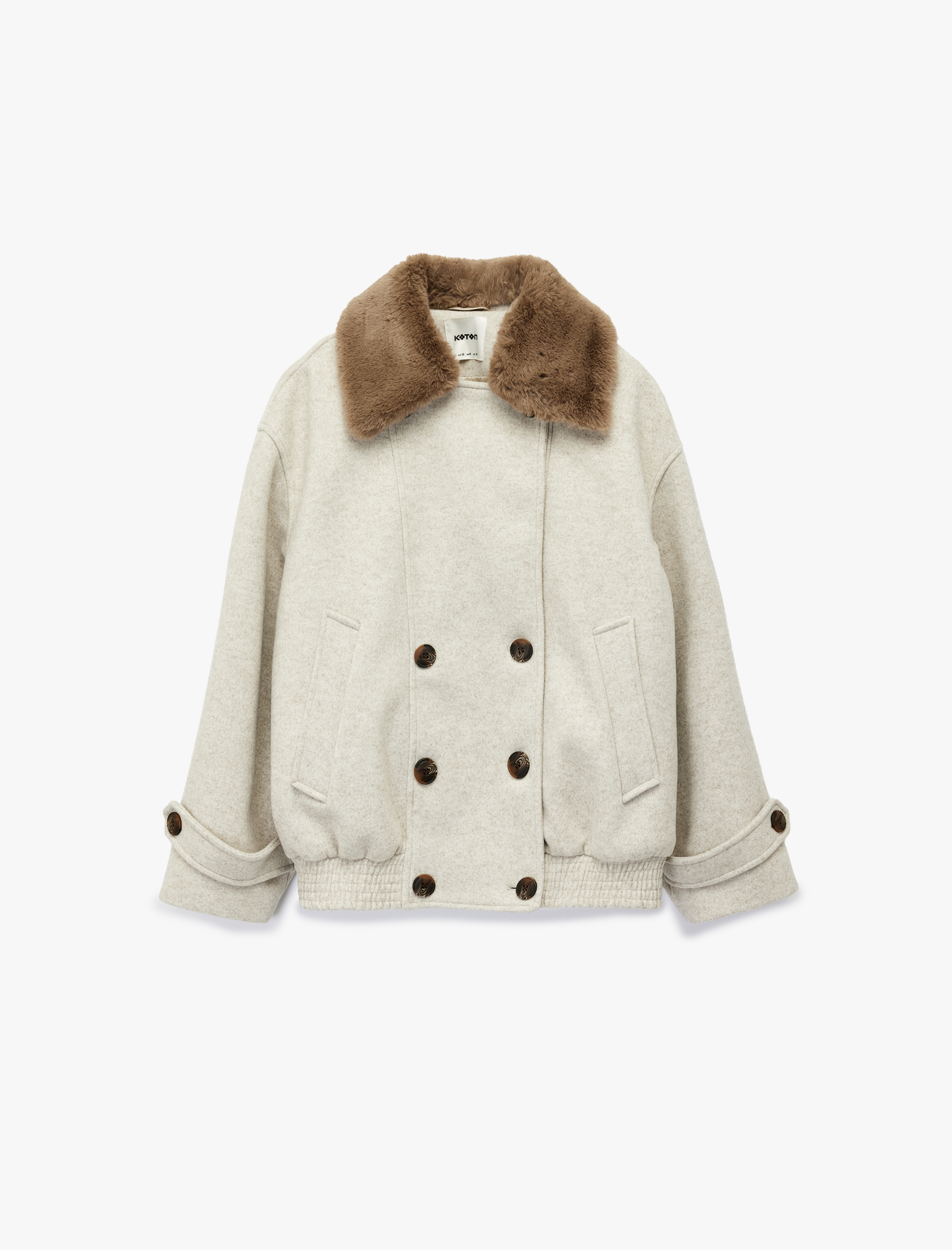   Suni Kürk Yaka Kısa Kaban Düğmel Cepli Uzun Kollu