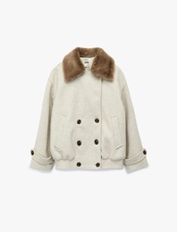 Suni Kürk Yaka Kısa Kaban Düğmel Cepli Uzun Kollu