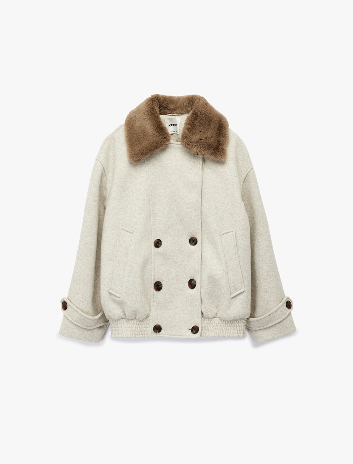  Suni Kürk Yaka Kısa Kaban Düğmel Cepli Uzun Kollu