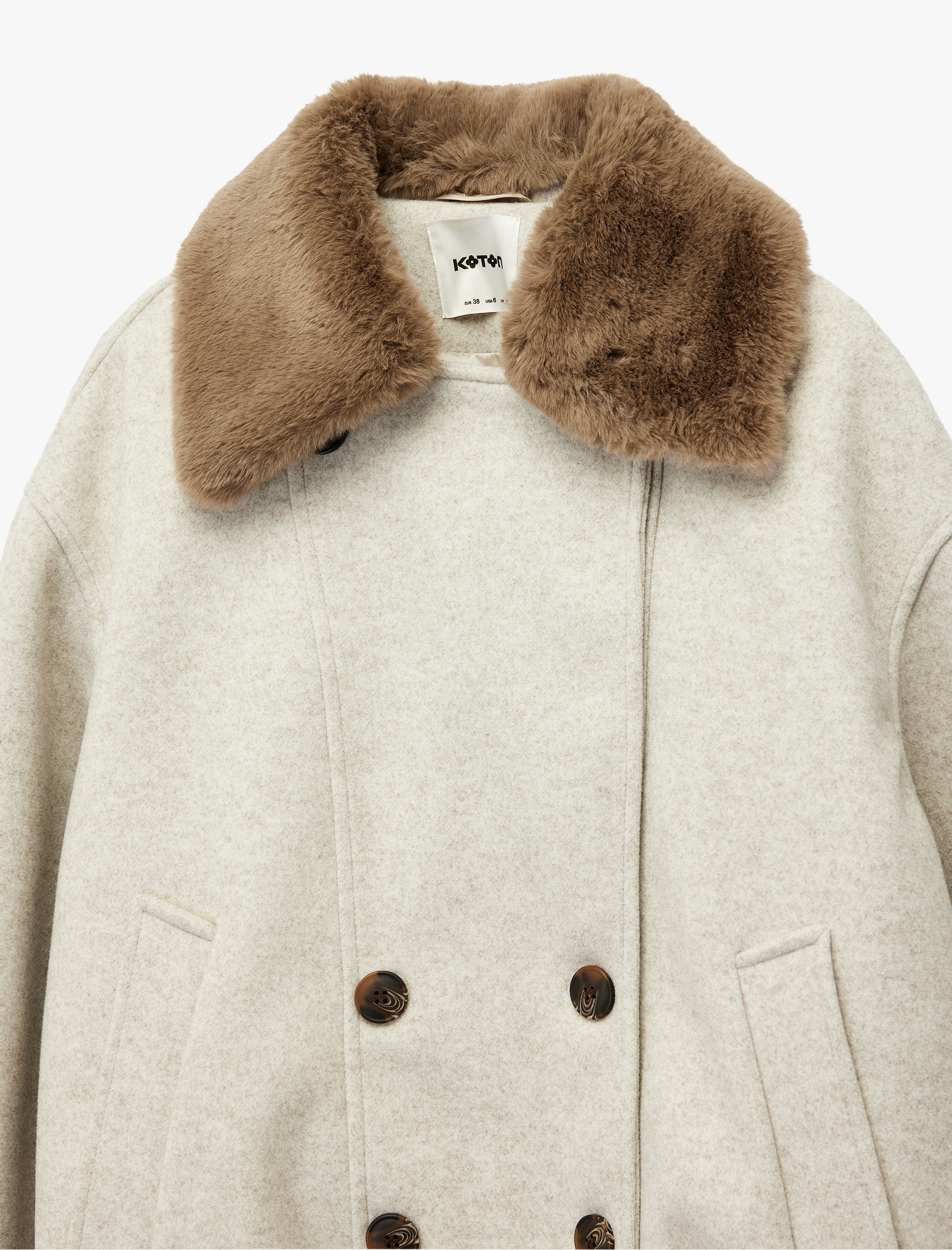   Suni Kürk Yaka Kısa Kaban Düğmel Cepli Uzun Kollu