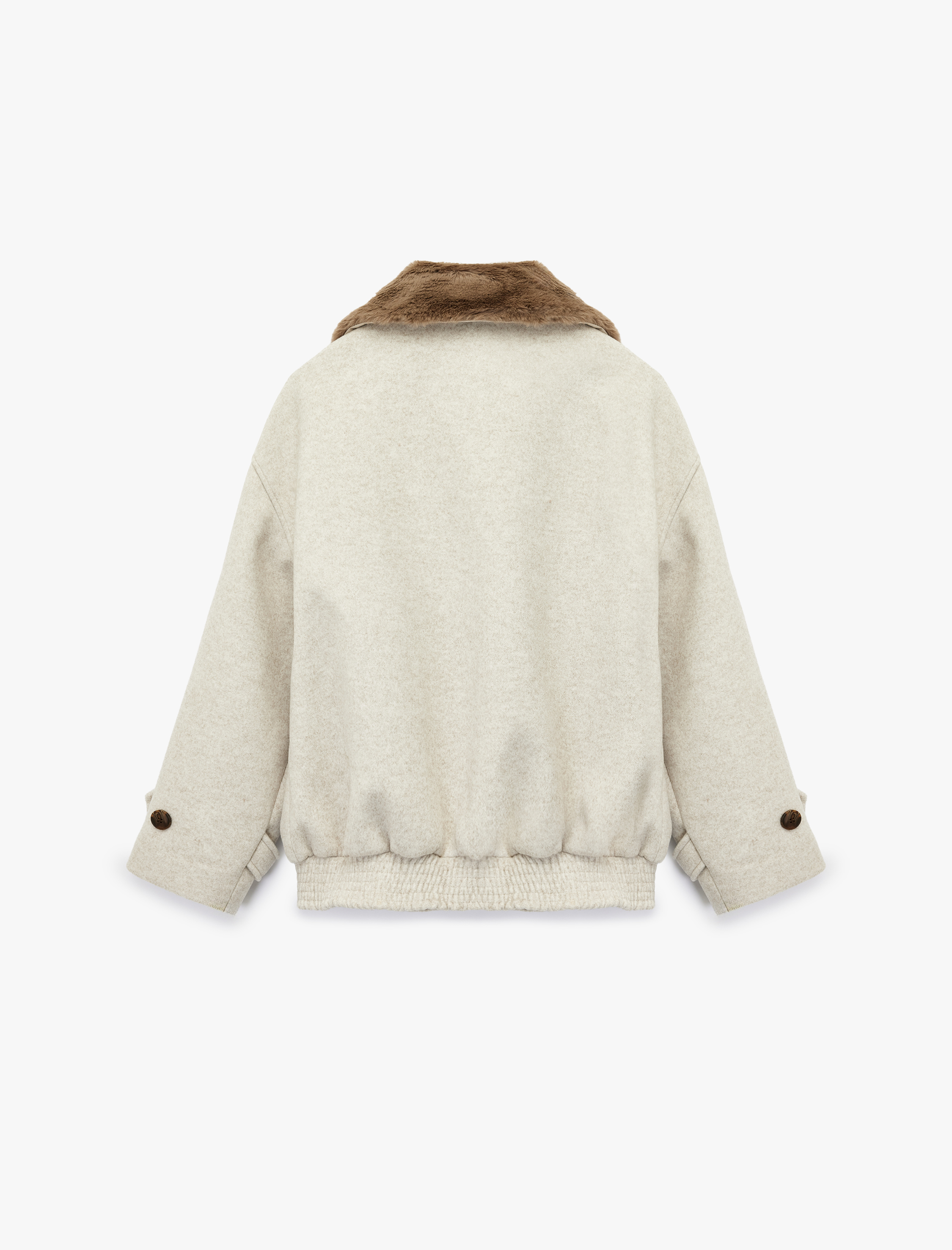   Suni Kürk Yaka Kısa Kaban Düğmel Cepli Uzun Kollu