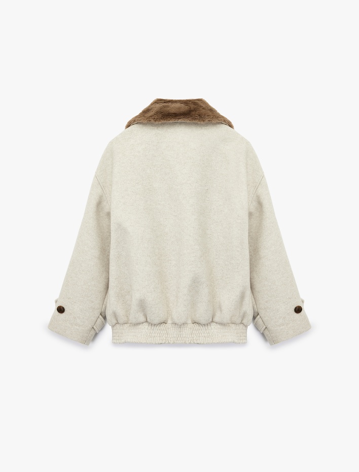  Suni Kürk Yaka Kısa Kaban Düğmel Cepli Uzun Kollu