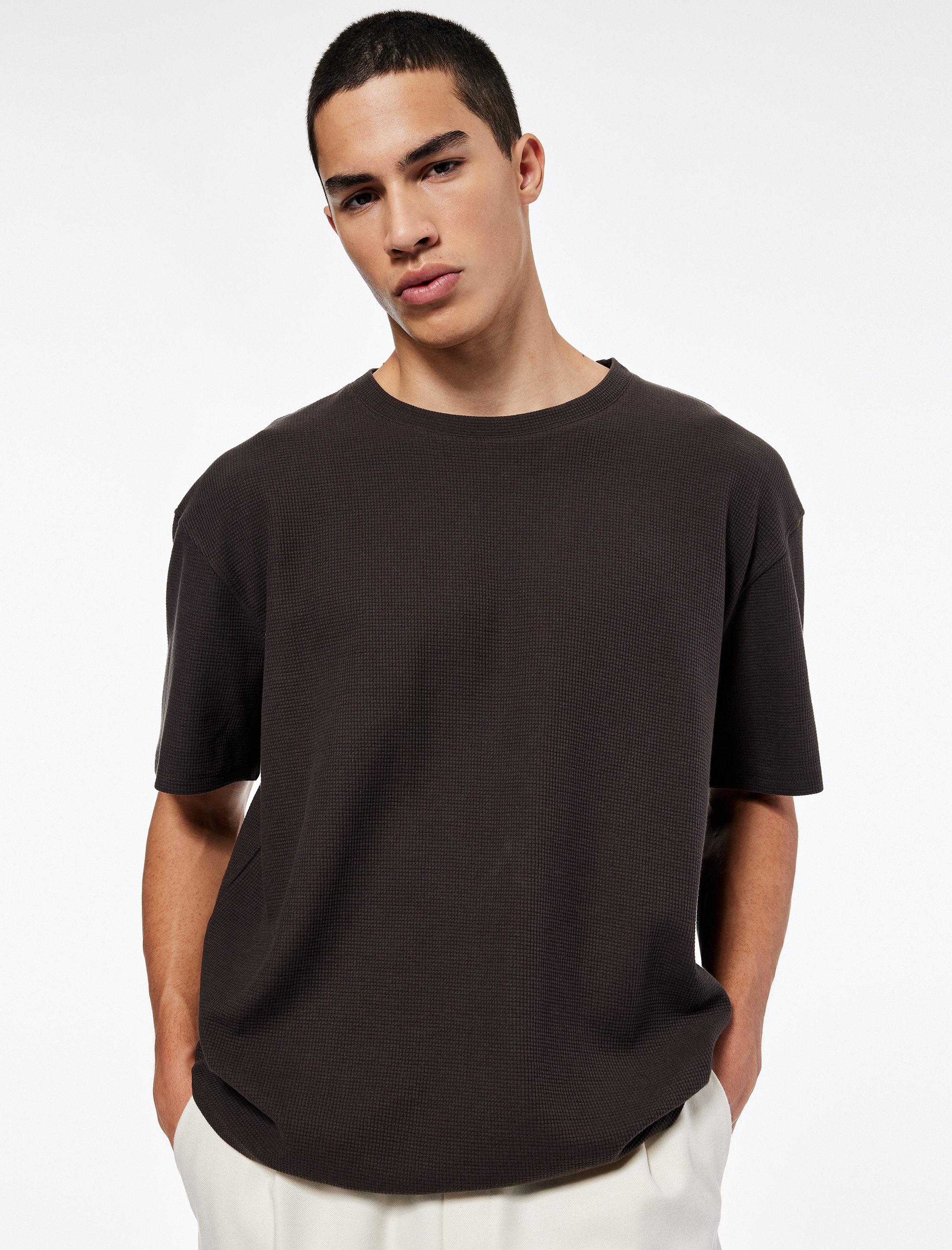   Kısa Kollu Waffle Dokulu Oversize Pamuklu Bisiklet Yaka Basic Tişört