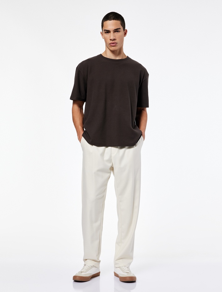  Kısa Kollu Waffle Dokulu Oversize Pamuklu Bisiklet Yaka Basic Tişört