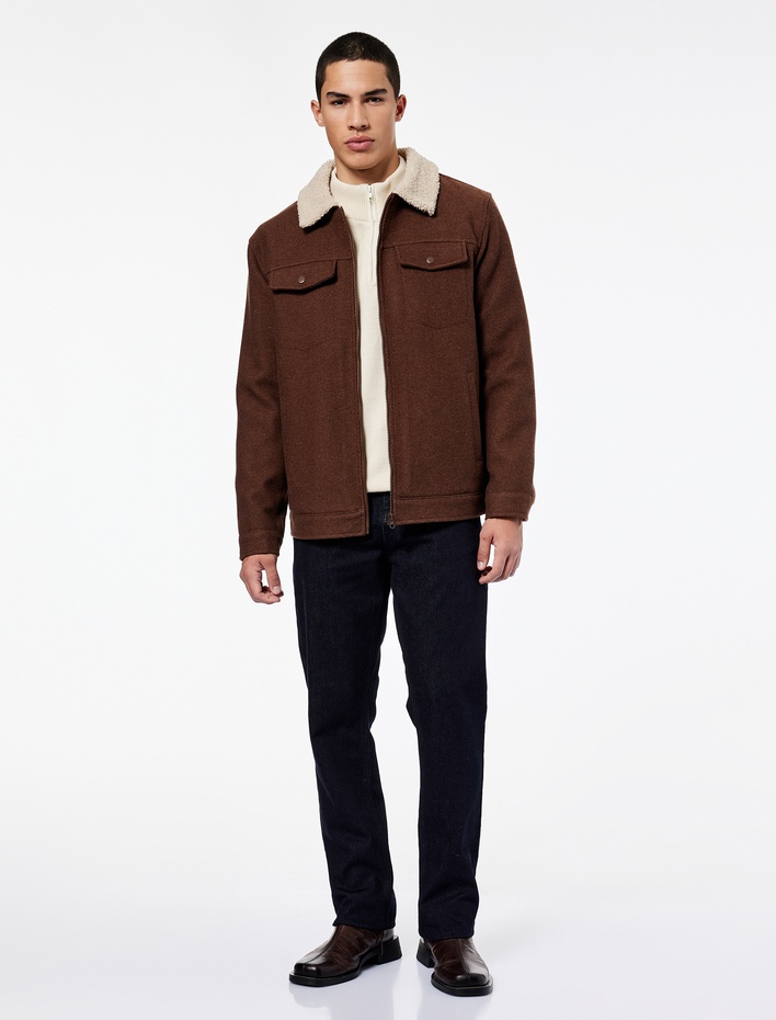  Uzun Kollu Cepli Fermuarlı İçi Peluş Astarlı Yakası Suni Kürklü Kışlık Kaşe Ceket