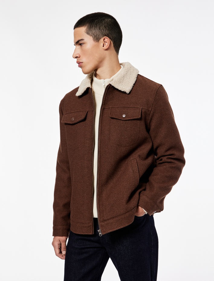  Uzun Kollu Cepli Fermuarlı İçi Peluş Astarlı Yakası Suni Kürklü Kışlık Kaşe Ceket