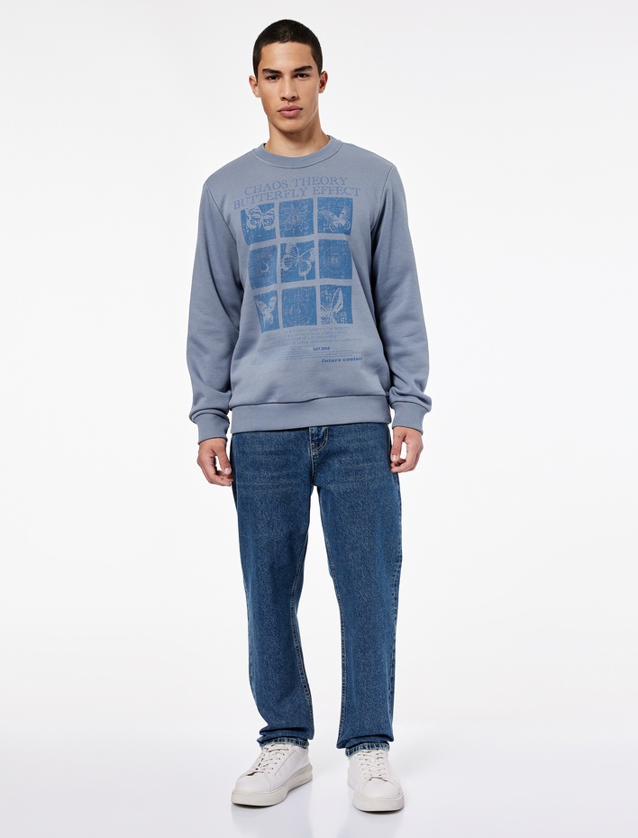  Uzun Kollu Bisiklet Yaka Şardonlu Baskılı Sweatshirt